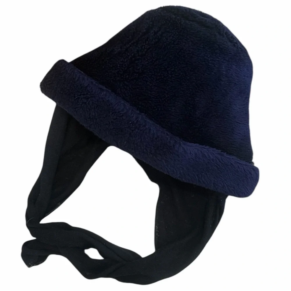 Vintage Women’s Navy Plush Winter Bucket Hat with Ear Protection Scarf Like Ties